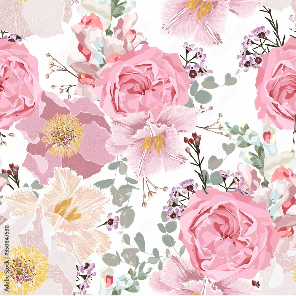 Vintage luxury seamless pattern with detailed hand drawn flowers - blooming peony, roses, tulips and herbs.