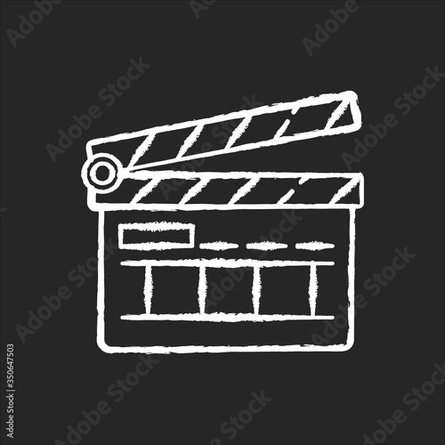 Clapperboard chalk white icon on black background. Filmmaking industry. Video and TV production. Cinematography slate board. Movie shooting. Isolated vector chalkboard illustration