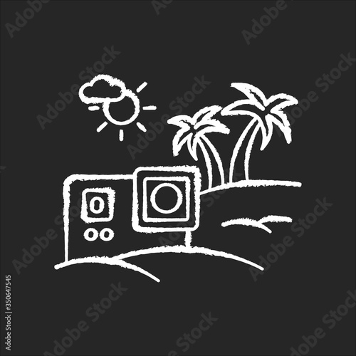 Travel video chalk white icon on black background. Lifestyle blog photo. Tropical sea resort. Exotic vacation. Recreation and entertainment vlog content. Isolated vector chalkboard illustration