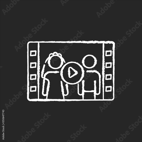 Wedding videography chalk white icon on black background. Family event record. Video production. Filmstrip of wife and husband engagement ceremony. Isolated vector chalkboard illustration