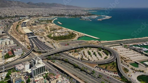 Aerial drone video of National road junction interchange motorway leading to Faliro area, Athens Riviera, Attica, Greece photo