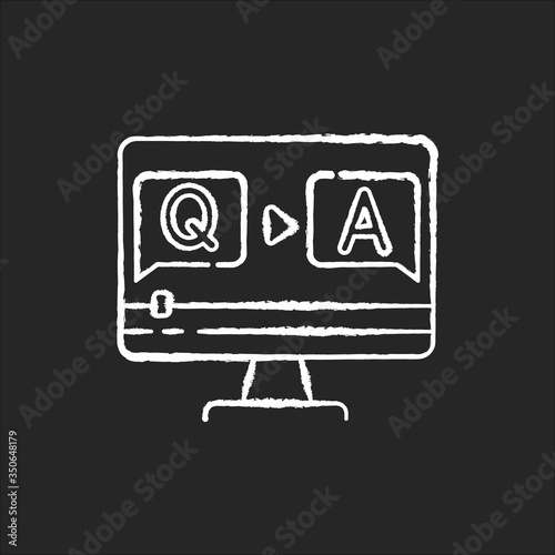 Question and answer video chalk white icon on black background. Journalist interview footage. Blogger Q and A stream. Online quiz. Informational content. Isolated vector chalkboard illustration