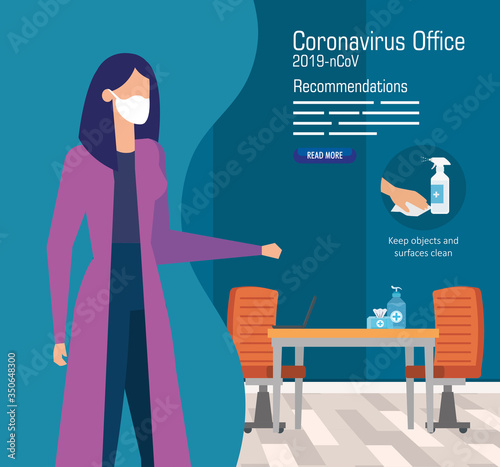 campaign of recommendations of 2019 ncov at office with businesswoman and icons vector illustration design