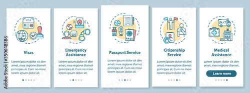 Embassy assistance onboarding mobile app page screen with concepts. Passport help. Social service walkthrough 5 steps graphic instructions. UI vector template with RGB color illustrations