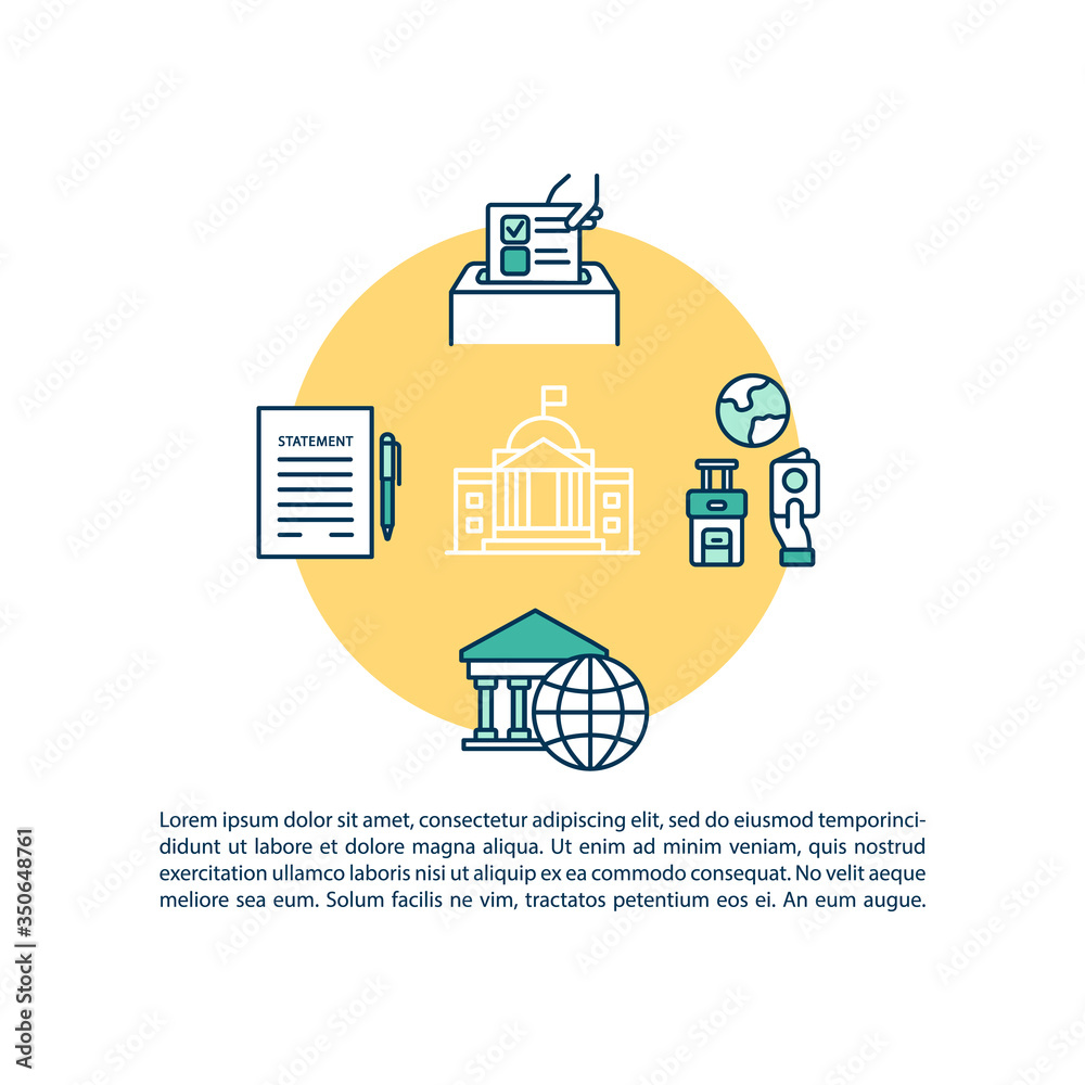 Embassy concept icon with text. Official legal document for immigration. Visa approval. PPT page vector template. Brochure, magazine, booklet design element with linear illustrations
