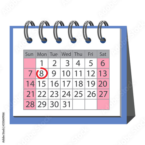 Page of the desk calendar with some date marked. Colored vector element  on white background. Icon in moden flat style 