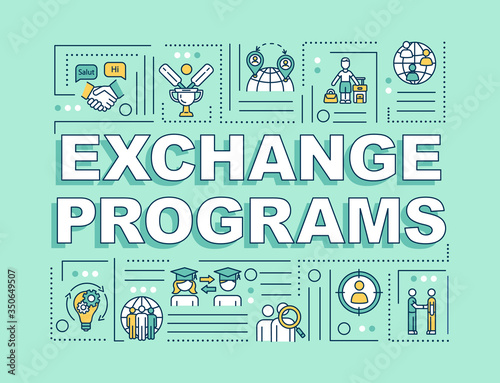 Exchange programs word concepts banner. Education in foreign college. School transfer. Infographics with linear icons on mint background. Isolated typography. Vector outline RGB color illustration