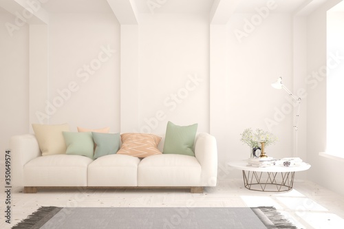 White living room with sofa. Scandinavian interior design. 3D illustration