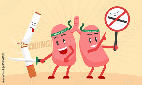 illustration of lungs slay the cigarette with sword and holding no smoking icons board. cute character, comic style, poster campaign world no tobacco day.