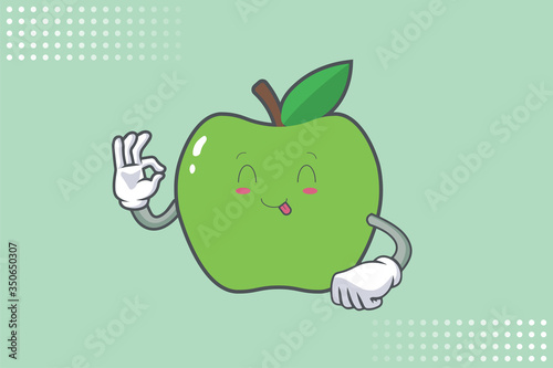 YUM, TONGUE, cheerful Face Emotion. Ok, Nice, Good Hand Gesture. Green Apple Cartoon Mascot Illustration.