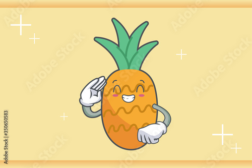 Wallpaper Mural CONTENT, HAPPY , GRIN SMILE, cheerful Face Emotion. Salute Respect Hand Gesture. Pineapple Fruit Cartoon Drawn Mascot Illustration. Torontodigital.ca
