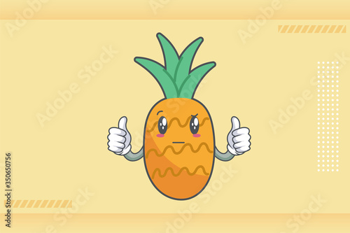 REALLY, ATTENTIVE, Curios Face Emotion. Double Thumb Up Hand Gesture. Pineapple Fruit Cartoon Drawn Mascot Illustration.