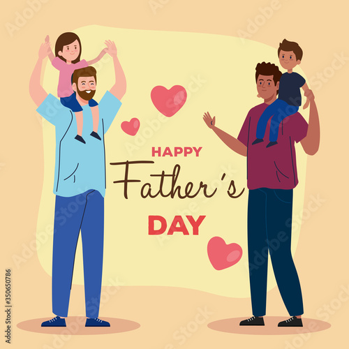 happy fathers day greeting card with daddies and children vector illustration design