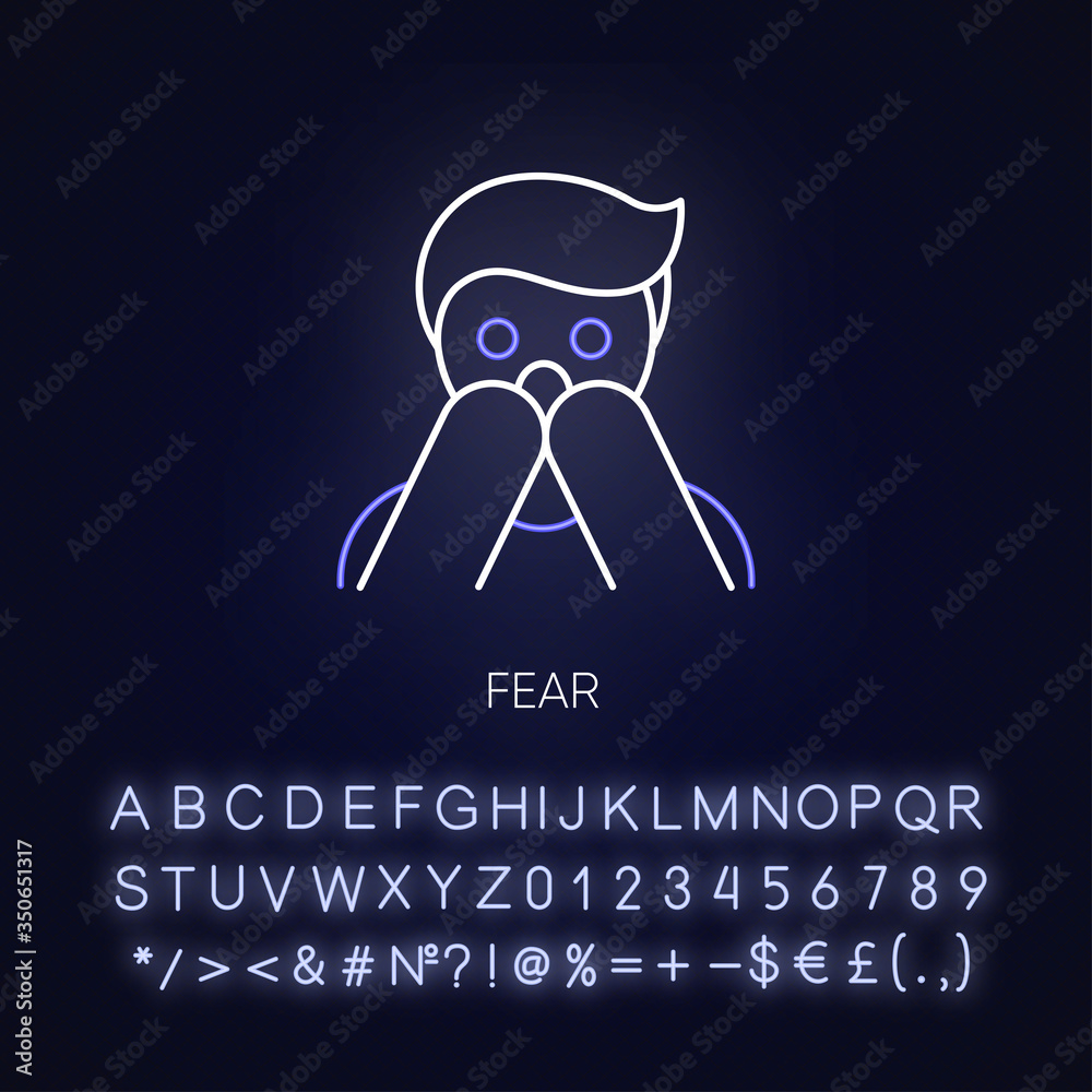 Fear neon light icon. Human phobia. Panic attack. Anxiety disorder.  Psychological therapy. Outer glowing effect. Sign with alphabet, numbers  and symbols. Vector isolated RGB color illustration Stock Vector | Adobe  Stock