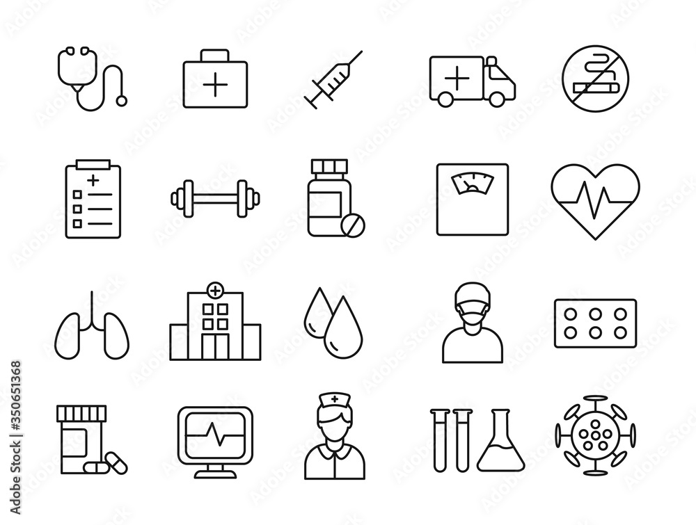 Stroke line icons set of medical. Simple symbols for app development and website design. Vector outline pictogram isolated on a white background. Pack of stroke icons. Stroke line icons set of medical. Simple symbols for app development and website design. Vector outline pictogram isolated on a white background. Pack of stroke icons.
