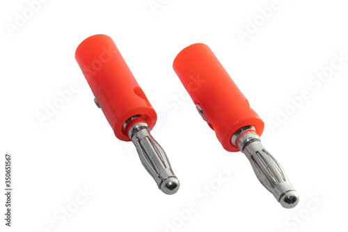 Adapter wire cable audio speaker banana plugs or banana jack connector isolated on white background.