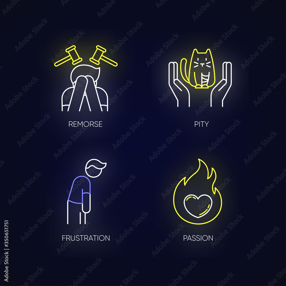 Human emotion neon light icons set. Remorse for psychological healing. Feeling of pity and empathy. Emotion of passion. Signs with outer glowing effect. Vector isolated RGB color illustrations Human emotion neon light icons set. Remorse for psychological healing. Feeling of pity and empathy. Emotion of passion. Signs with outer glowing effect. Vector isolated RGB color illustrations