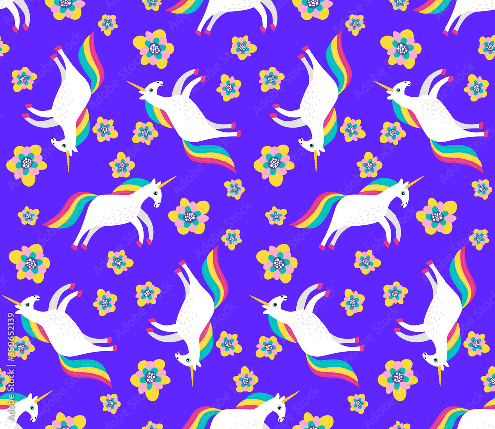 Cute cartoon unicorn with flowers in flat childlike style seamless pattern. Bright fantasy mosaic background. Vector illustration.  