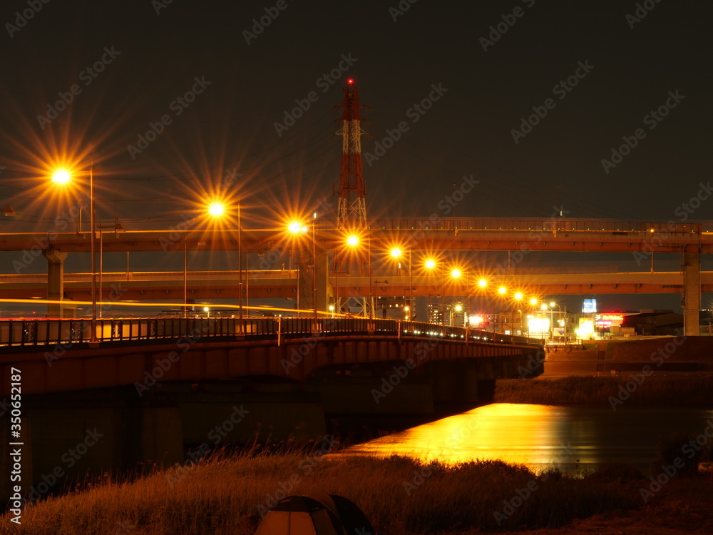 Nishi-Arai bridge and Arakawa river at night