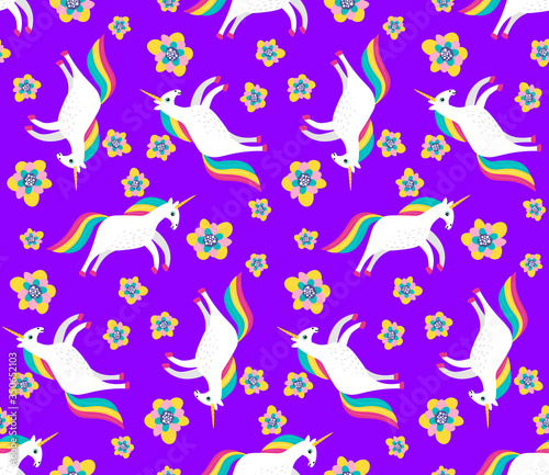 Cute cartoon unicorn with flowers in flat childlike style seamless pattern. Bright fantasy mosaic background. Vector illustration.  
