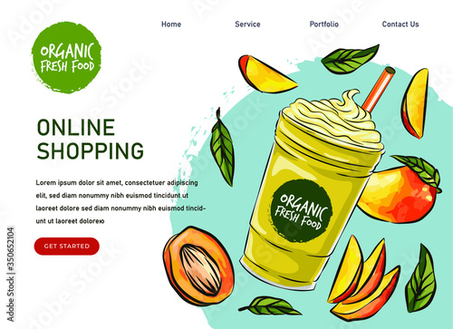 eco market Homemade mango cocktail farm product. Vector drawing vegetables. Organic farm store. Avocado market eco landing page template, ingredients vector illustration. Eco healthy, phone app
