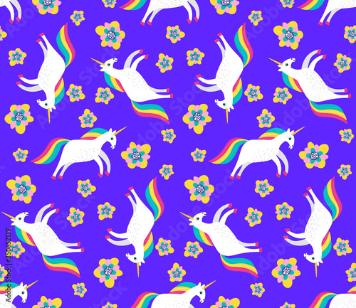 Cute cartoon unicorn with flowers in flat childlike style seamless pattern. Bright fantasy mosaic background. Vector illustration. 