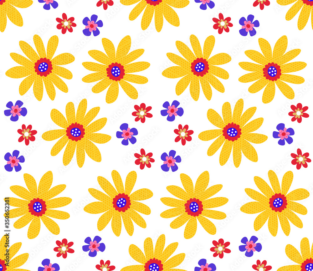 Cute cartoon flowers in flat style seamless pattern. Floral childlike style mosaic background. Vector illustration.     