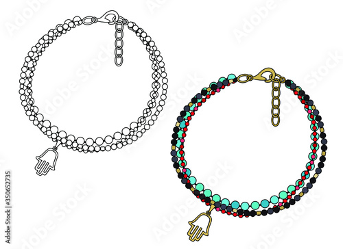 Handmade jewelry in ethnic style: bracelet with a pendant in the shape of a hand, Hand of Fatima - amulet. Vector illustration isolated on a white background. 
