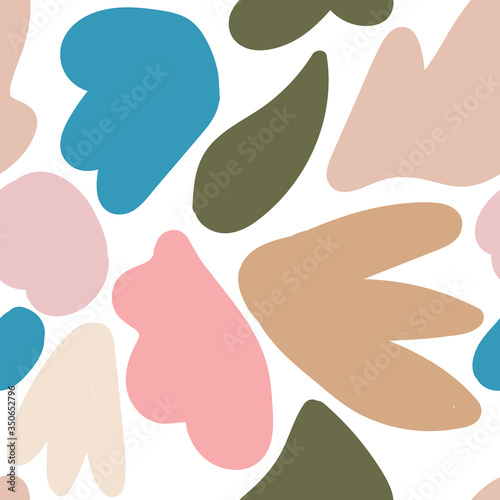 Colorful cartoon random stain seamless pattern. Abstract geometric shape backdrop. Floral elements background. Vector illustration.