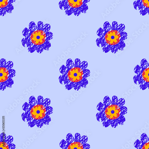 Cute cartoon polka dot flowers in flat style seamless pattern. Floral childlike style background. Vector illustration. 