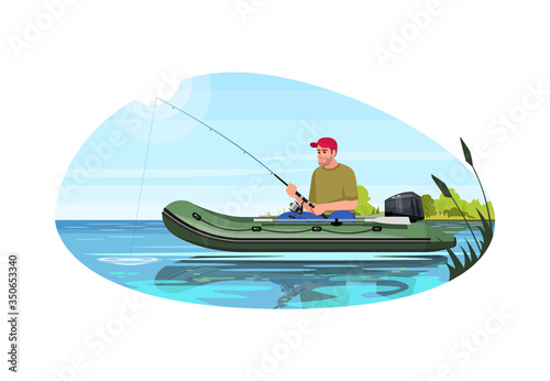 Fisherman in private boat semi flat vector illustration. Man with road lure fish during day. Speed engine inflatable sailboat in freshwater. Summer recreation 2D cartoon characters for commercial use