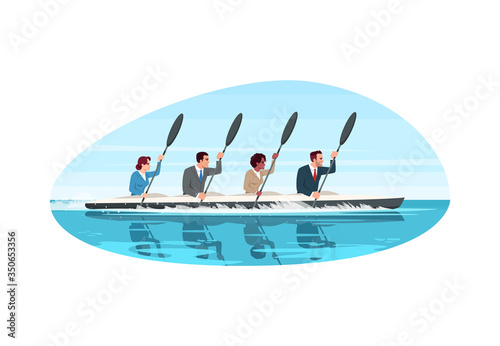 Worker teamwork semi flat vector illustration. Multi cultural group in same boat. Cooperation, partnership. Business people work together. Corporate employee 2D cartoon characters for commercial use