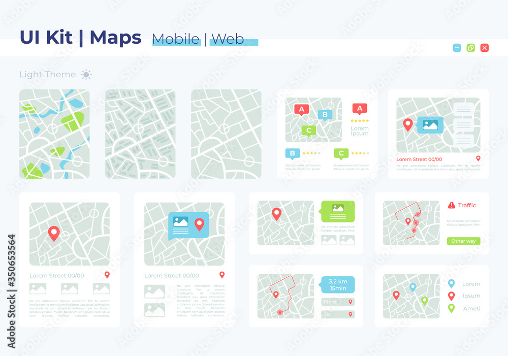 Map UI elements kit. Geography position and address. GPS location isolated  vector icon, bar and dashboard template. Web design widget collection for  mobile application with light theme interface Stock Vector | Adobe