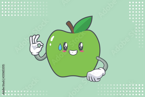 NERVOUS, PHEW, DISAPPOINTED, RELIEVED Face Emotion. Ok, Nice, Good Hand Gesture. Green Apple Cartoon Mascot Illustration. photo