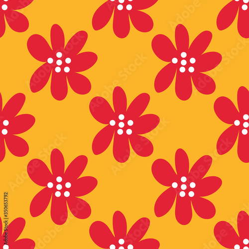 Cute cartoon polka dot flowers in flat style seamless pattern. Floral childlike style background. Vector illustration. 