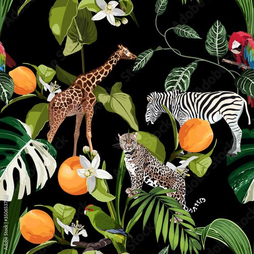 Seamless pattern with exotic trees, plants, and animals, birds on black background. © Iuliia