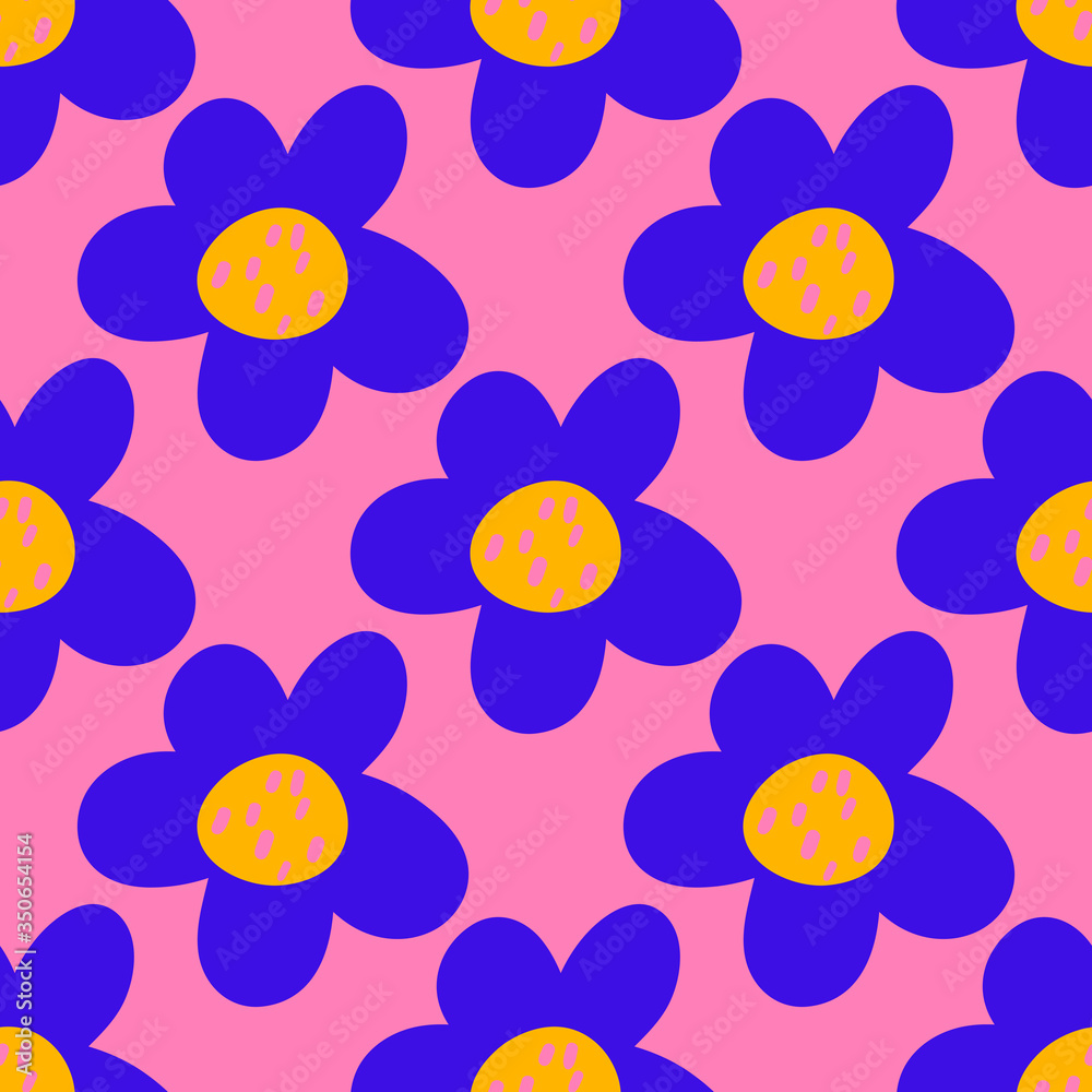 Cute cartoon polka dot flowers in flat style seamless pattern. Floral childlike style background. Vector illustration.    