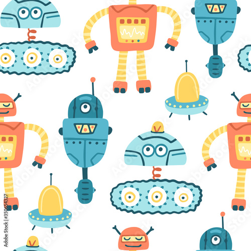 Robots aliens seamless pattern. Cute baby cartoon characters. Vector hand-drawn childish illustration in simple Scandinavian style. Colorful palette ideal for printing on kids textiles.