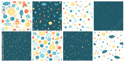 Set with Space seamless pattern with alien spaceship, rocket, astronaut and robots with colorful planets and stars. Vector hand-drawn childish illustration in simple Scandinavian style.