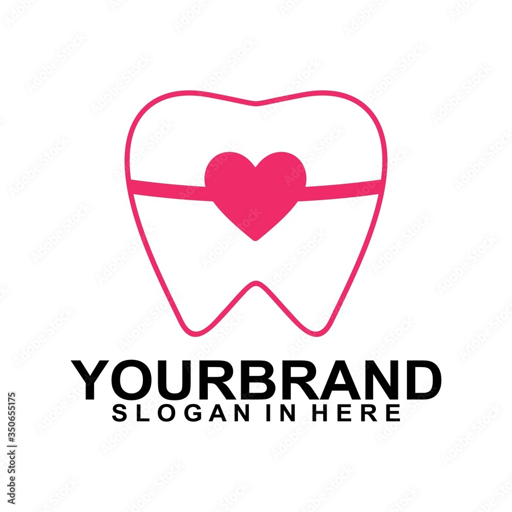 Dental logo creative design. Dentist logo with love. Love braces treatment. Health dent logo design flat line style.