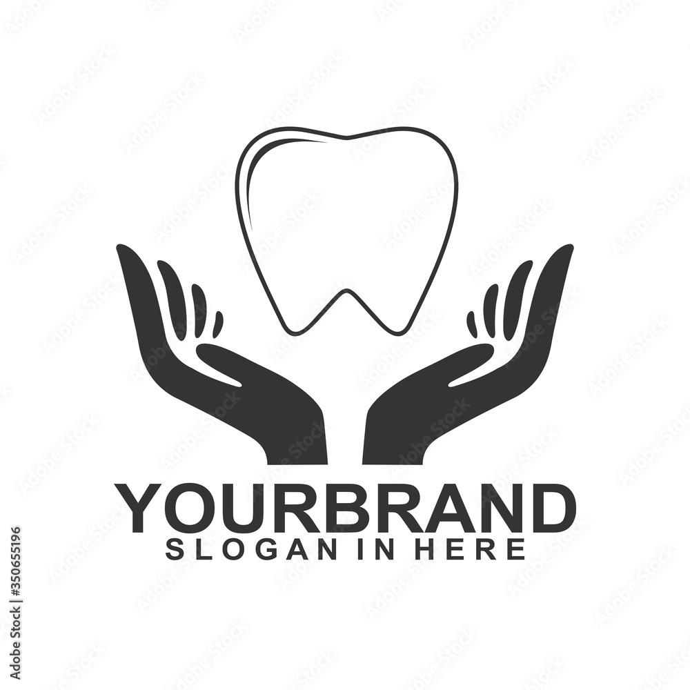 Dental logo creative design. Dentist logo with hand. Dental clinic company logo design. Dental care design flat style. Dental logo creative design. Dentist logo with hand. Dental clinic company logo design. Dental care design flat style.