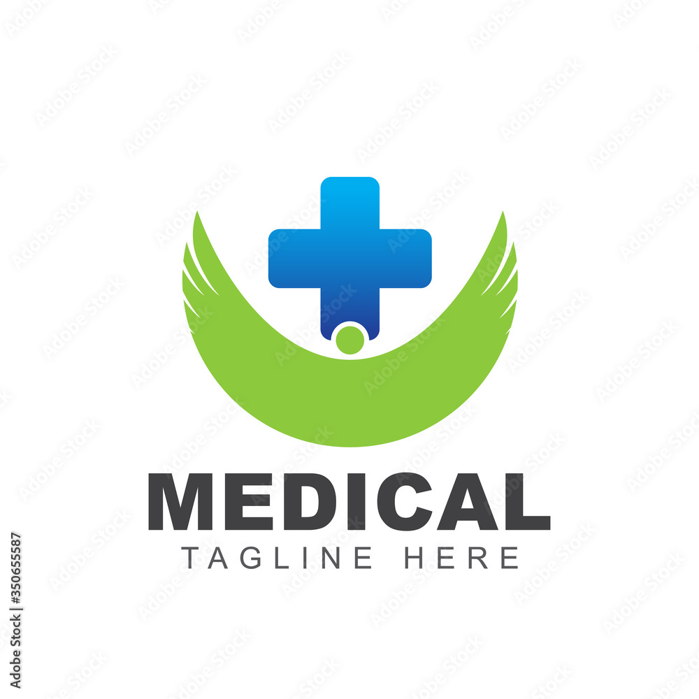 Obraz premium Medical pharmacy logo design template with cross plus sign and human shape illustration. Symbol of health care and medicine service center concept. Vector can use for branding identity doctor office