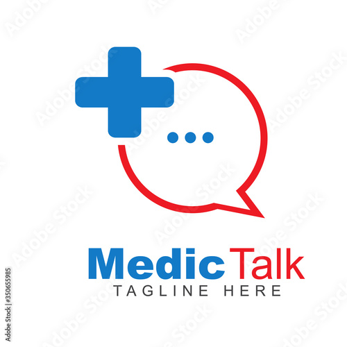Medical talk pharmacy logo design template with cross plus sign shape and bubble chat illustration. Vector symbol of help center and discussion forum health care or group clinic medicine service