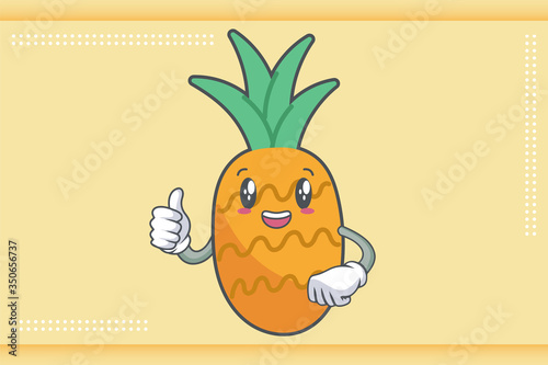 SMILING, HAPPY, cheerful Face Emotion. Thumb Up Hand Gesture. Pineapple Fruit Cartoon Drawn Mascot Illustration.