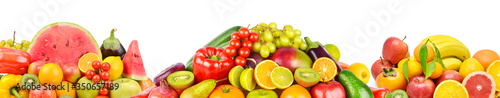 Panoramic collection fresh fruits and vegetables isolated on white . Collage. Wide photo .