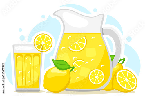Lemonade in a jug and a glass with slices of lemon and ice