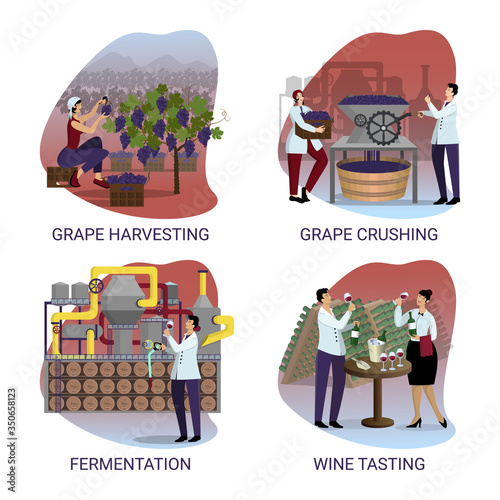 Set of illustrations on the topic of wine production. Stages of industrial winemaking. Stages of industrial winemaking