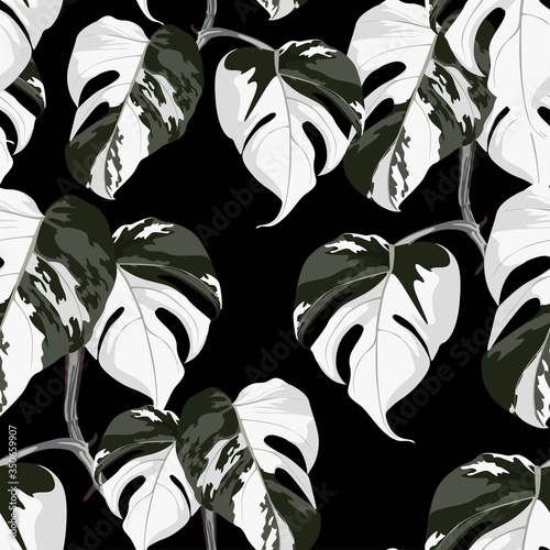 Topical palm leaves on black, seamless pattern. Beautiful allover print with hand drawn exotic plants.