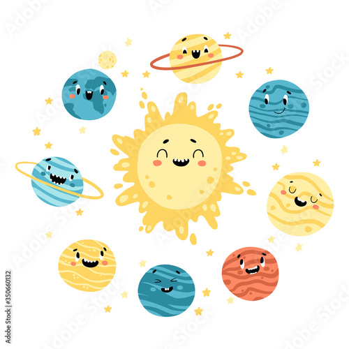 Fototapeta Naklejka Na Ścianę i Meble -  Solar system. The sun and planets. Cute Space childish illustration with funny faces. Vector cartoon hand-drawn characters.