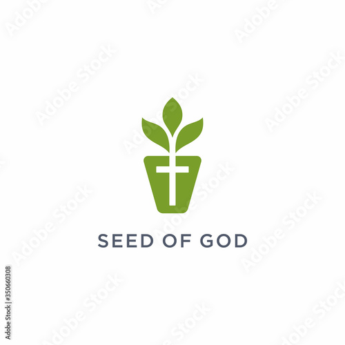 church cross and seed leaf logo design creative idea